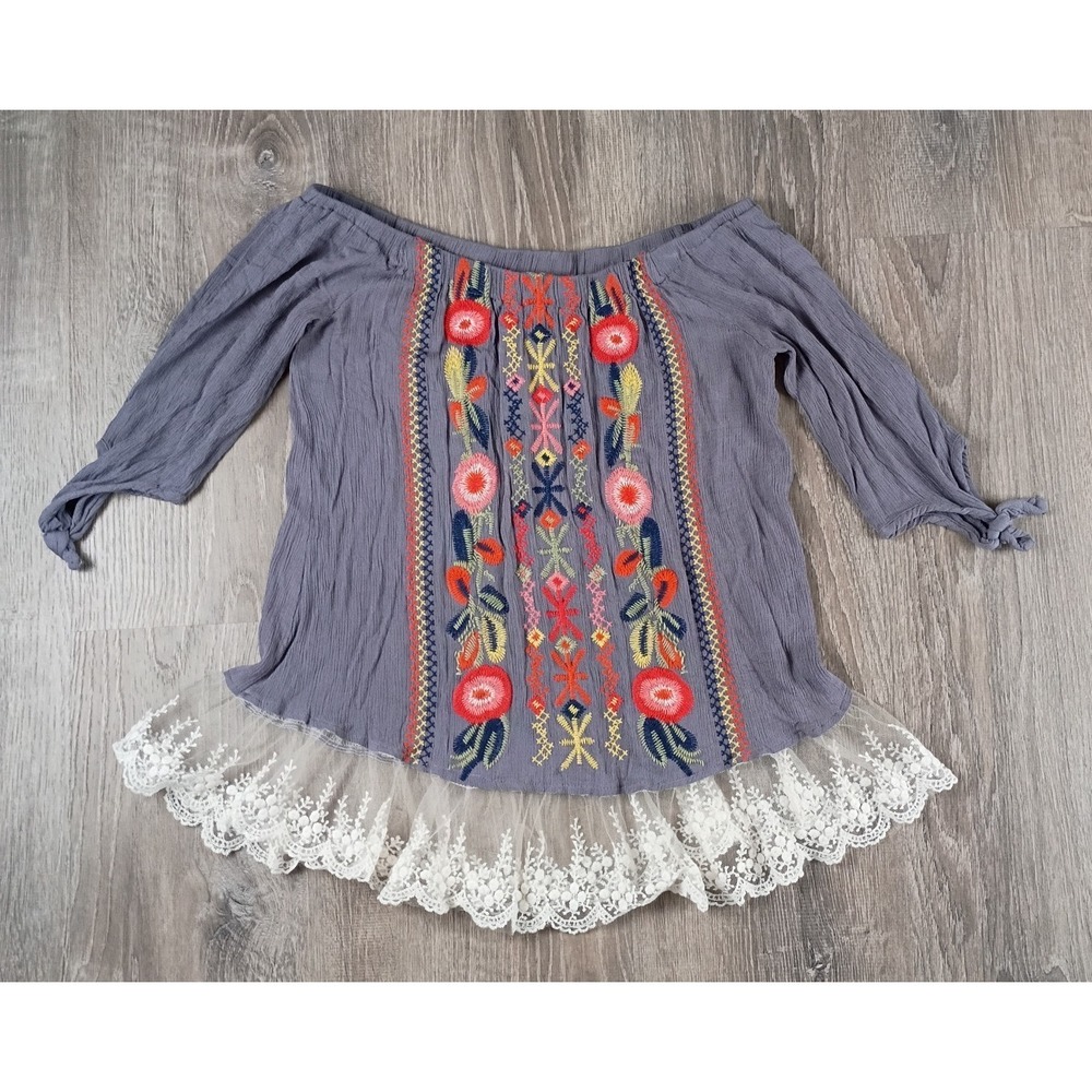 Women's Umgee USA Top Off Shoulder Lace Embroidered Small Boho Shirt Half Sleeve